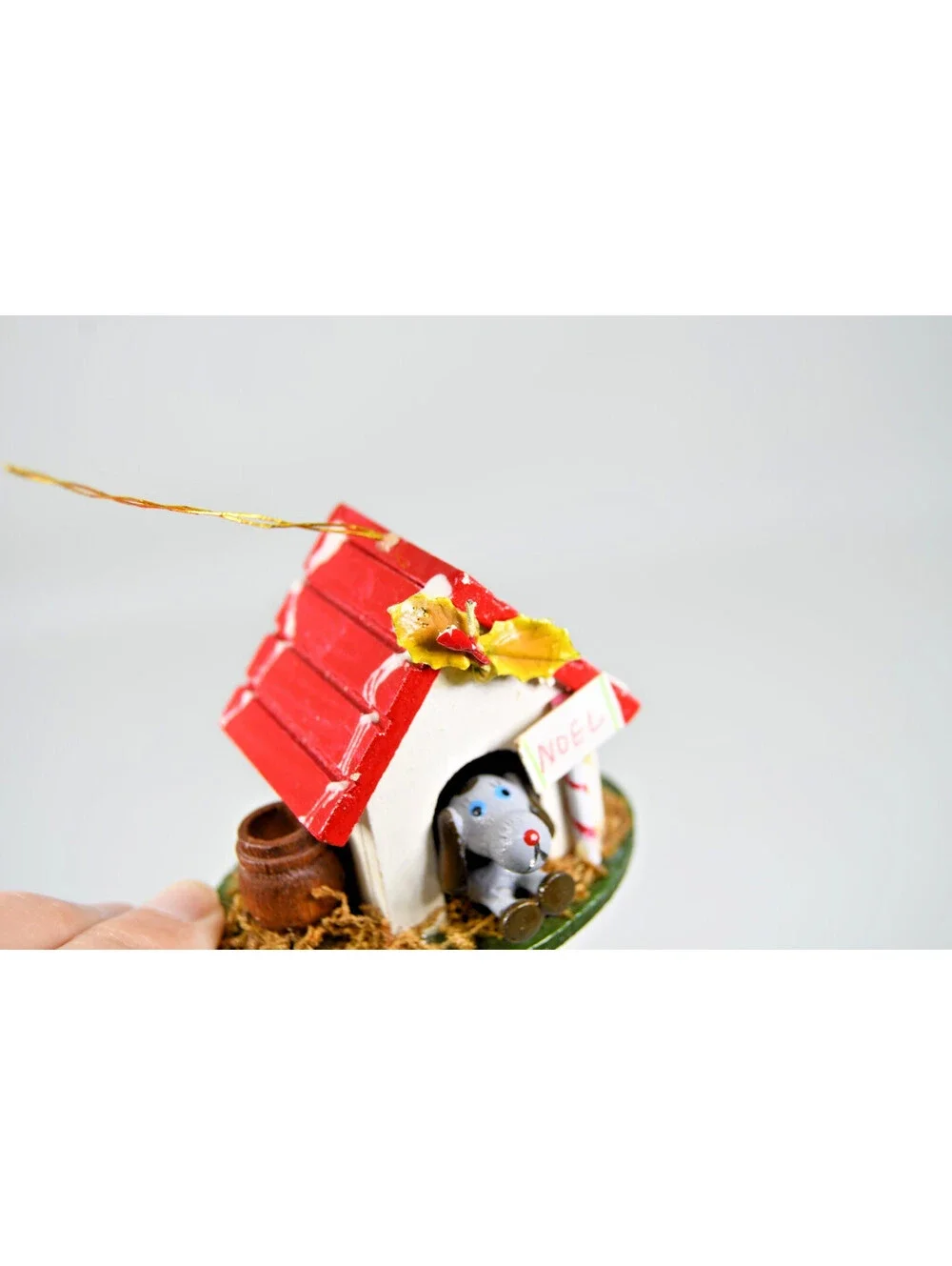 Dog in Dog House Wood Christmas Ornament Noel Vintage Germany Hand Painted Noel